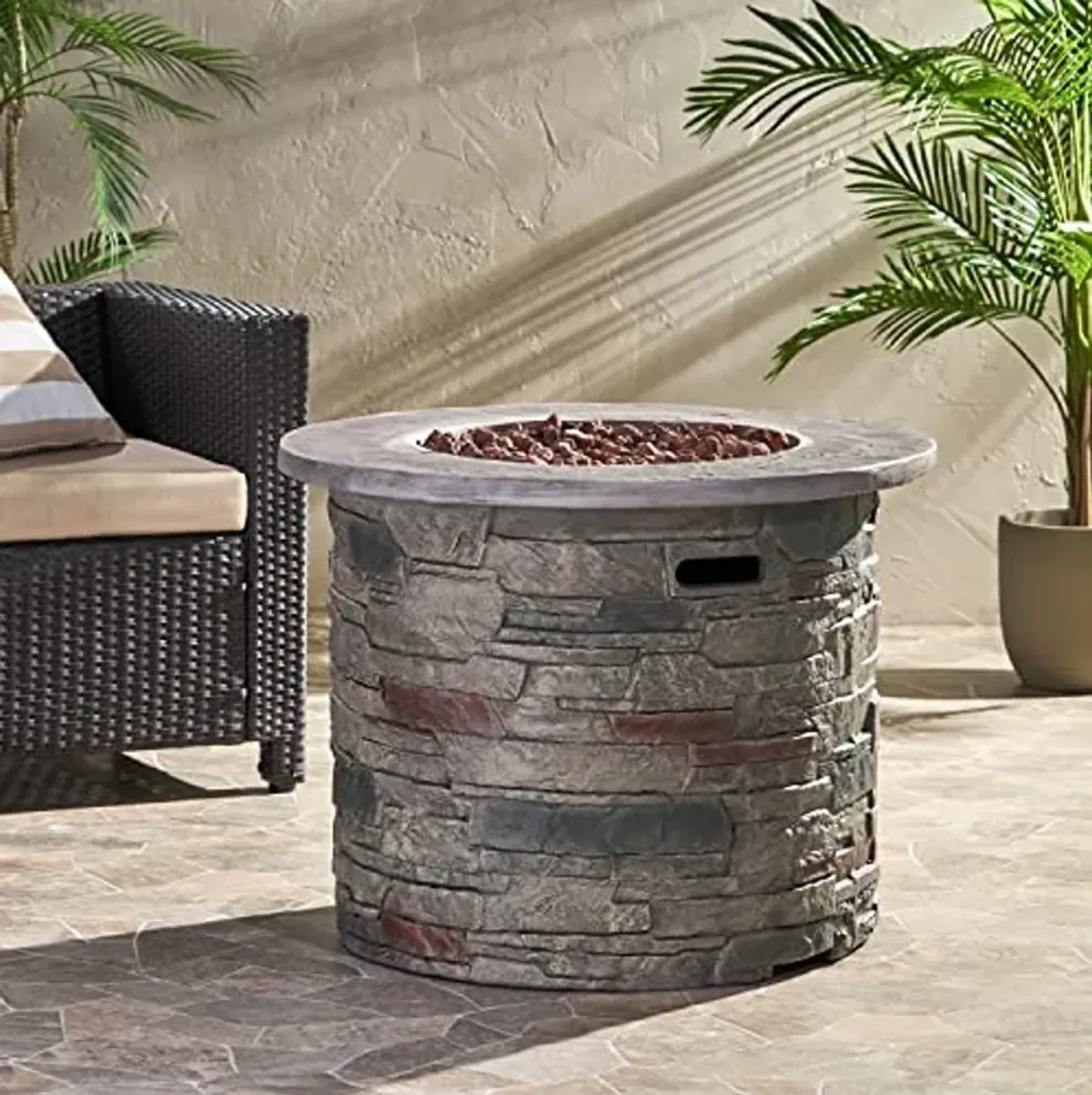 Christopher Knight Home Hoonah Circular MGO Fire Pit with Grey Top - 40,000 BTU, 32", Natural Stone / Grey Top