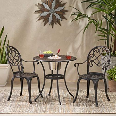 Christopher Knight Home Angeles Outdoor Cast Aluminum Bistro Furniture Set with Ice Bucket, 3-Pcs Set, Copper