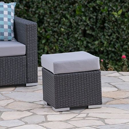 Christopher Knight Home Santa Rosa Outdoor 16" Wicker Ottoman Seat with Water Resistant Cushion, Grey / Silver
