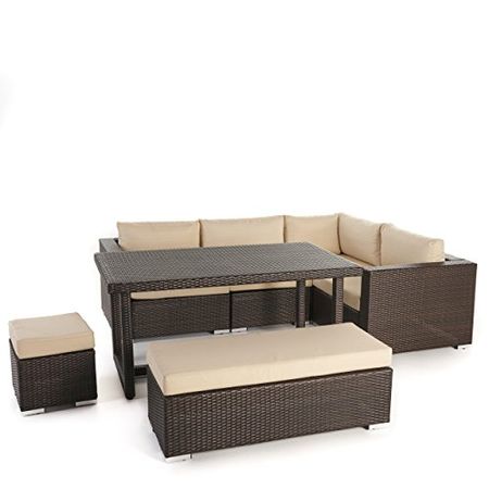 Christopher Knight Home Santa Rosa Outdoor 7-Seater Dining Sofa Set with Aluminum Frame and Water Resistant Cushions, Multibrown / Beige Cushions
