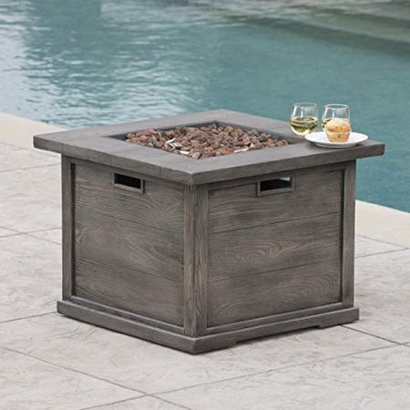Christopher Knight Home Ellington Outdoor Square Gas Fire Pit, Grey With Wood Pattern