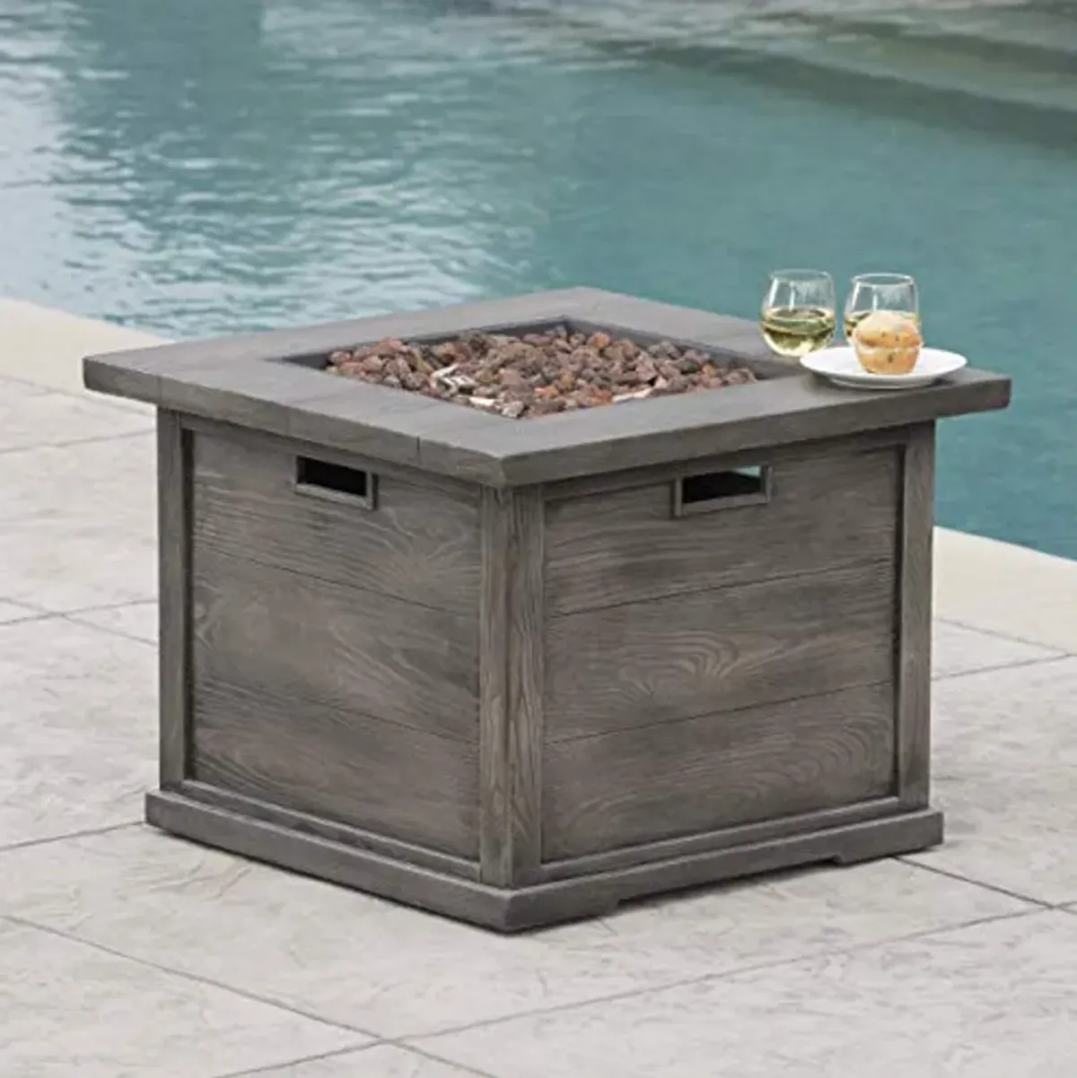 Christopher Knight Home Ellington Outdoor Square Gas Fire Pit, Grey With Wood Pattern