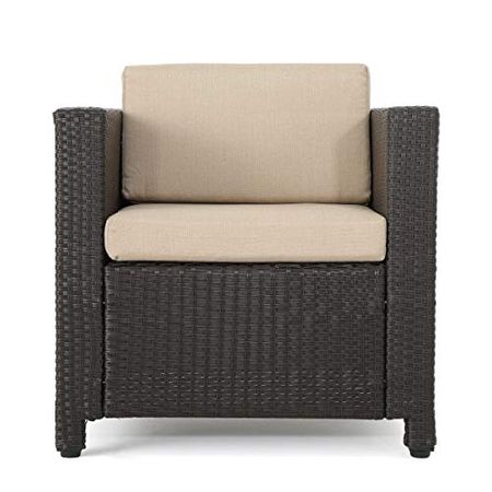 Christopher Knight Home Puerta Outdoor Wicker Club Chair with Water Resistant Cushions, Dark Brown / Beige