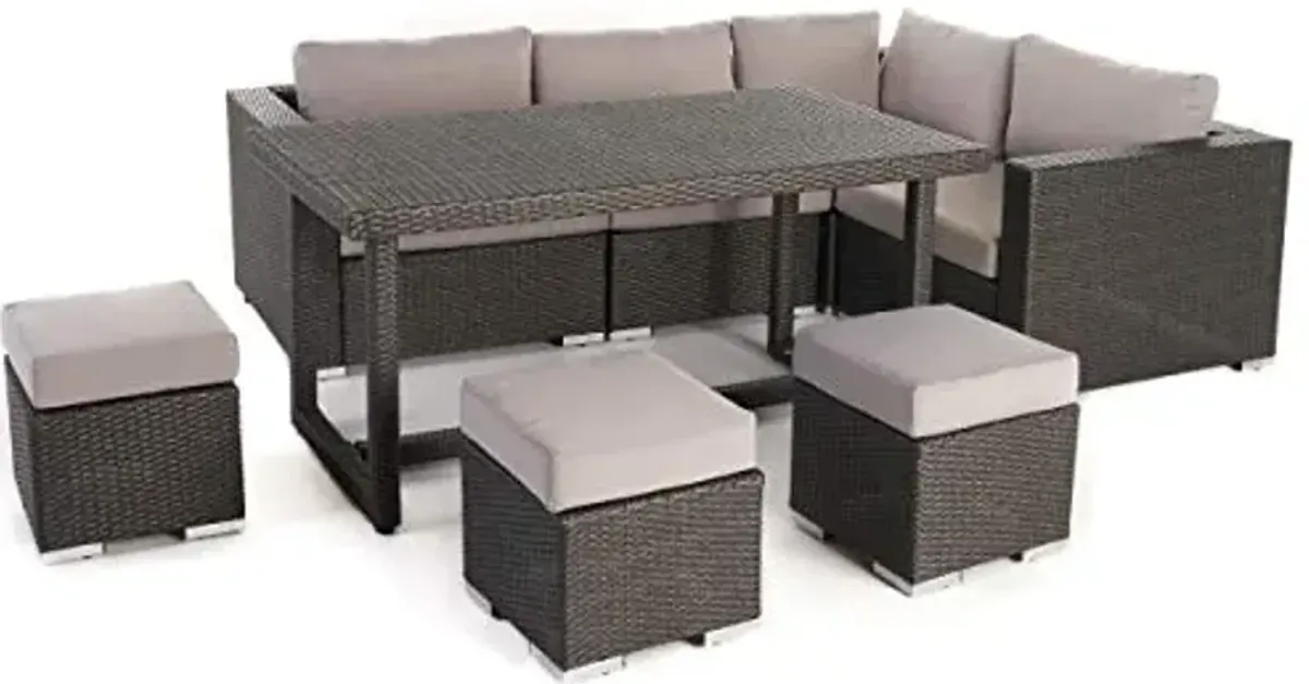 Christopher Knight Home Santa Rosa Outdoor 7-Seater Dining Sofa and Ottoman Set with Aluminum Frame and Water Resistant Cushions, Grey / Silver Cushions