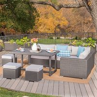 Christopher Knight Home Santa Rosa Outdoor 7-Seater Dining Sofa and Ottoman Set with Aluminum Frame and Water Resistant Cushions, Grey / Silver Cushions