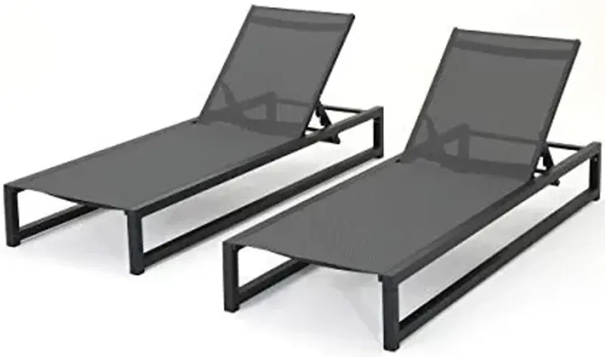 Christopher Knight Home Modesta Outdoor Aluminum Framed Chaise Lounges with Mesh Body, 2-Pcs Set, Black Finish / Grey Mesh