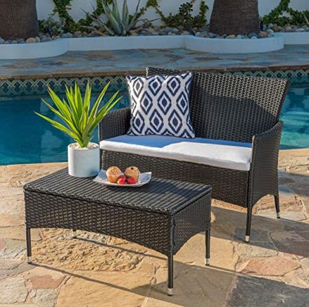 Christopher Knight Home Malta Outdoor Wicker Loveseat and Coffee Table Set with Water Resistant Cushions, Black / White Cushion
