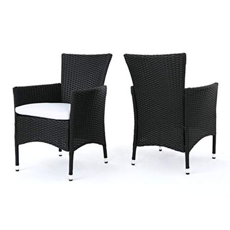 Christopher Knight Home Malta Outdoor Wicker Dining Chairs with Water Resistant Cushions, 2-Pcs Set, Black / White / Black