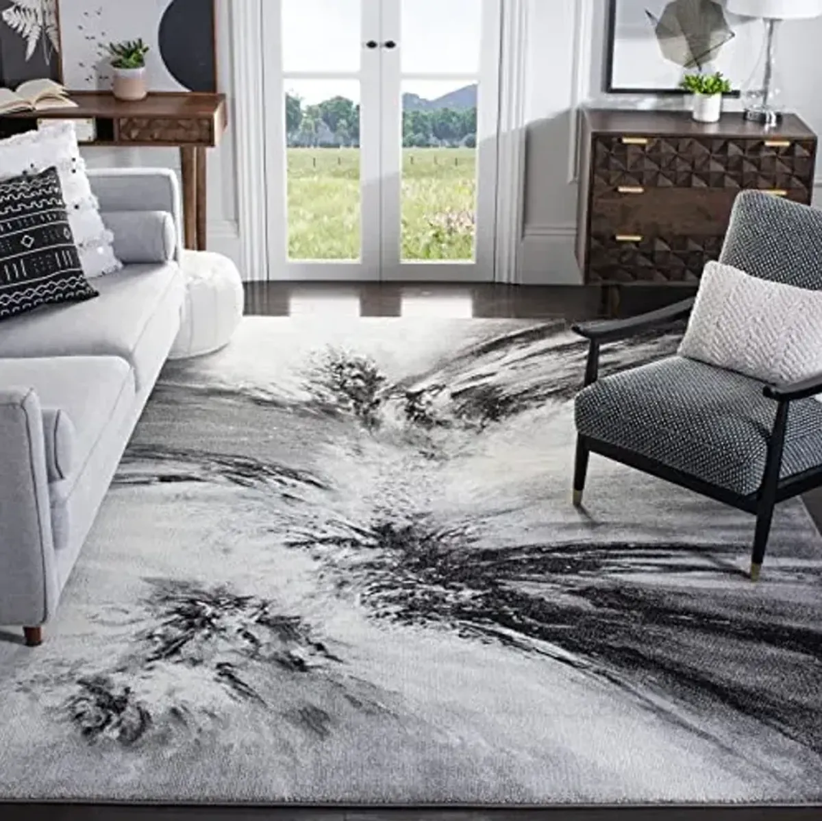 SAFAVIEH Glacier Collection Area Rug - 5'3" Square, Grey & Multi, Modern Abstract Design, Non-Shedding & Easy Care, Ideal for High Traffic Areas in Living Room, Bedroom (GLA127C)