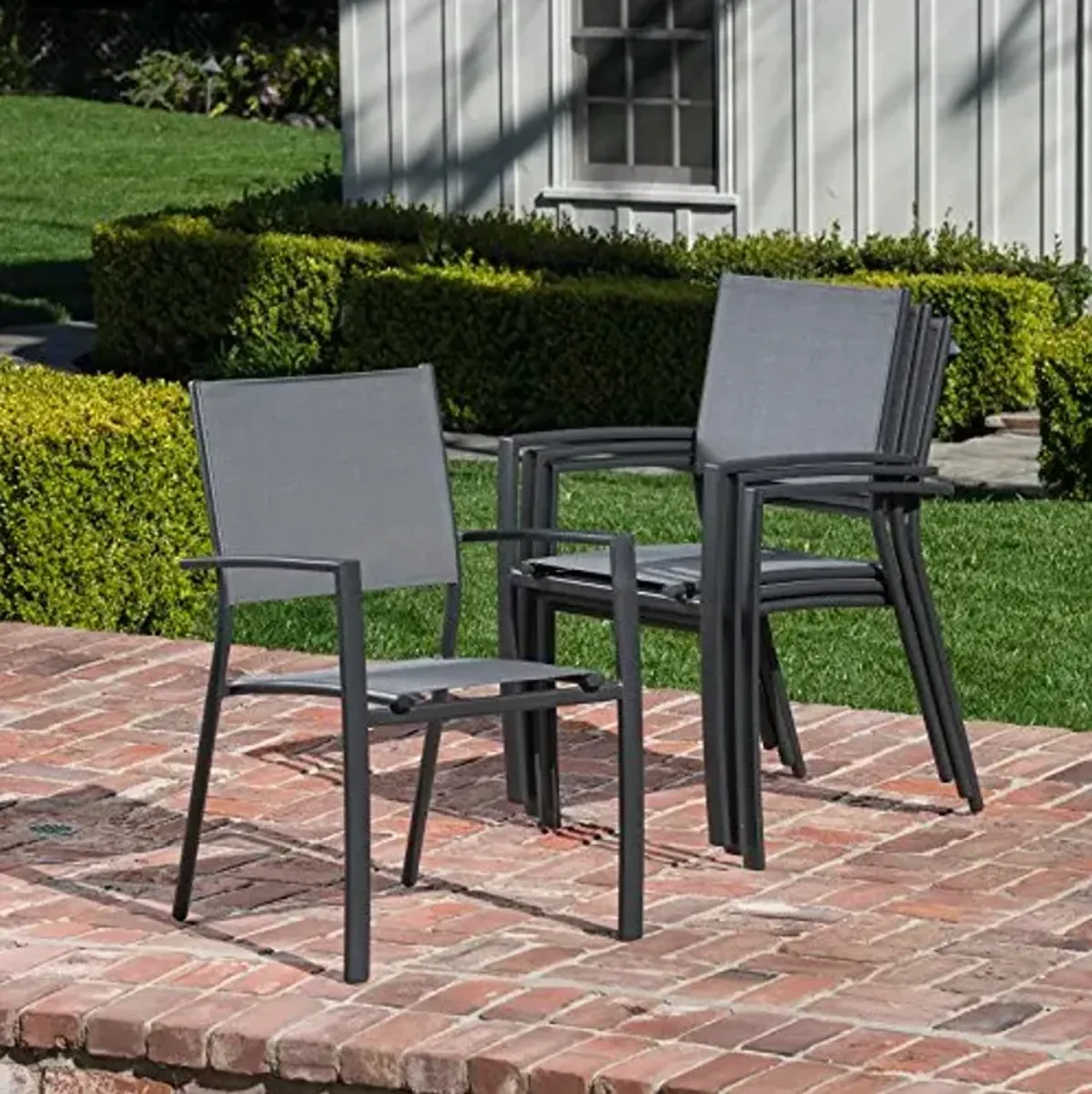 Hanover Naples 7-Piece Outdoor Dining Set, Aluminum 63" x 35" Table with Stackable Sling Chairs, Modern, Comfortable, and Weather-Resistant Patio Dining Set for 6