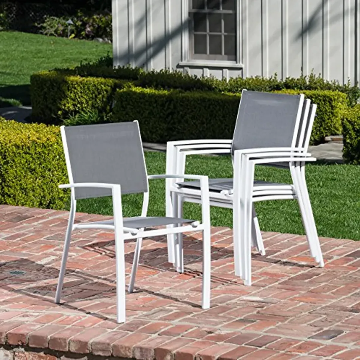 Hanover Naples 7-Piece Outdoor Dining Set, Aluminum 63" x 35" Patio Table with 6 Quick Drying Stackable Sling Chairs, Modern, Comfortable, and Weather-Resistant, White/Gray