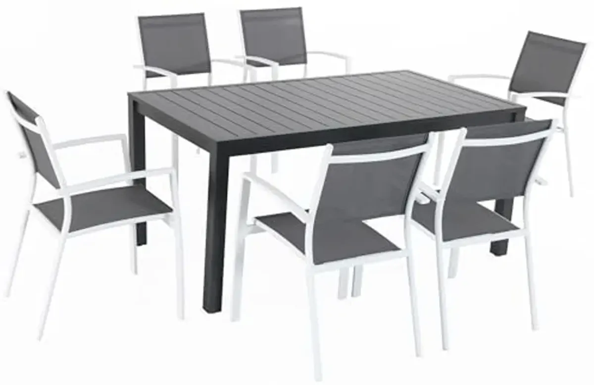 Hanover Naples 7-Piece Outdoor Dining Set, Aluminum 63" x 35" Patio Table with 6 Quick Drying Stackable Sling Chairs, Modern, Comfortable, and Weather-Resistant, White/Gray