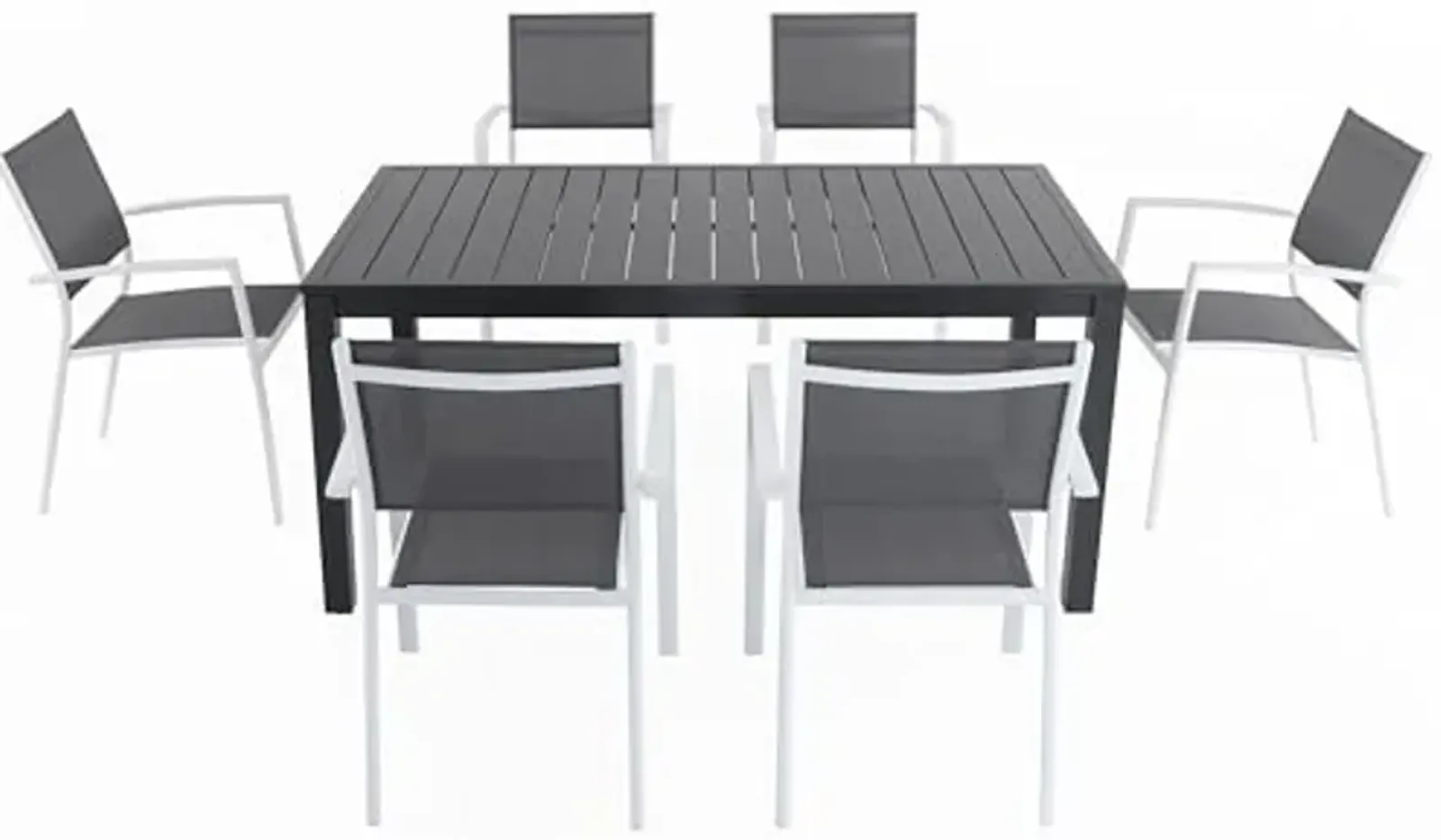 Hanover Naples 7-Piece Outdoor Dining Set, Aluminum 63" x 35" Patio Table with 6 Quick Drying Stackable Sling Chairs, Modern, Comfortable, and Weather-Resistant, White/Gray