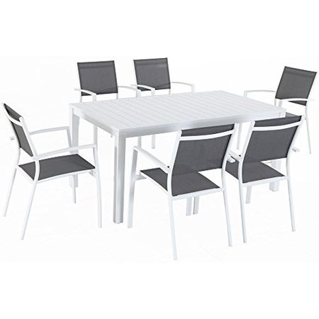 Hanover Del Mar 7-Piece 6 Sling Chairs in Gray/White and a 78" x 40" Table Outdoor Dining Set