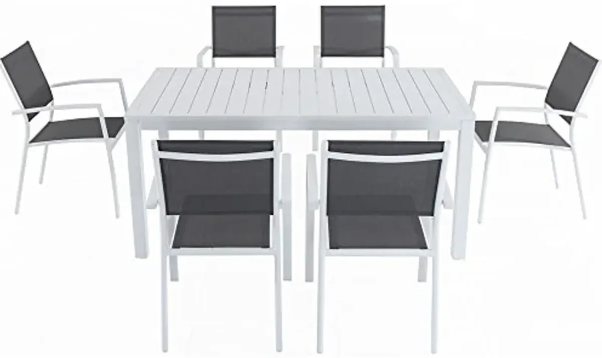 Hanover Del Mar 7-Piece Outdoor Dining Set, Patio Dining Set for 6 with Durable Sling Chairs in Gray/White and a 63" x 35" Aluminum Slat-top Dining Table, All-Weather, Rust Resistant