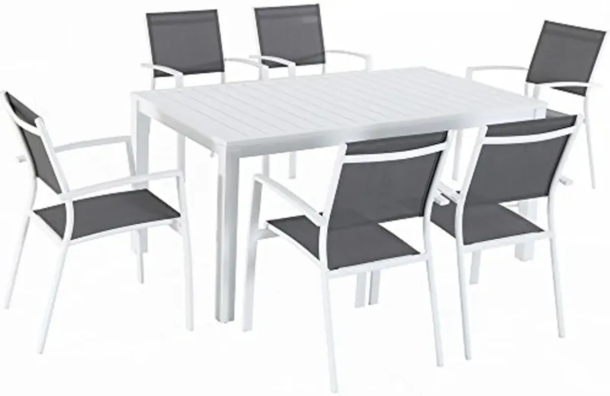 Hanover Del Mar 7-Piece Outdoor Dining Set, Patio Dining Set for 6 with Durable Sling Chairs in Gray/White and a 63" x 35" Aluminum Slat-top Dining Table, All-Weather, Rust Resistant