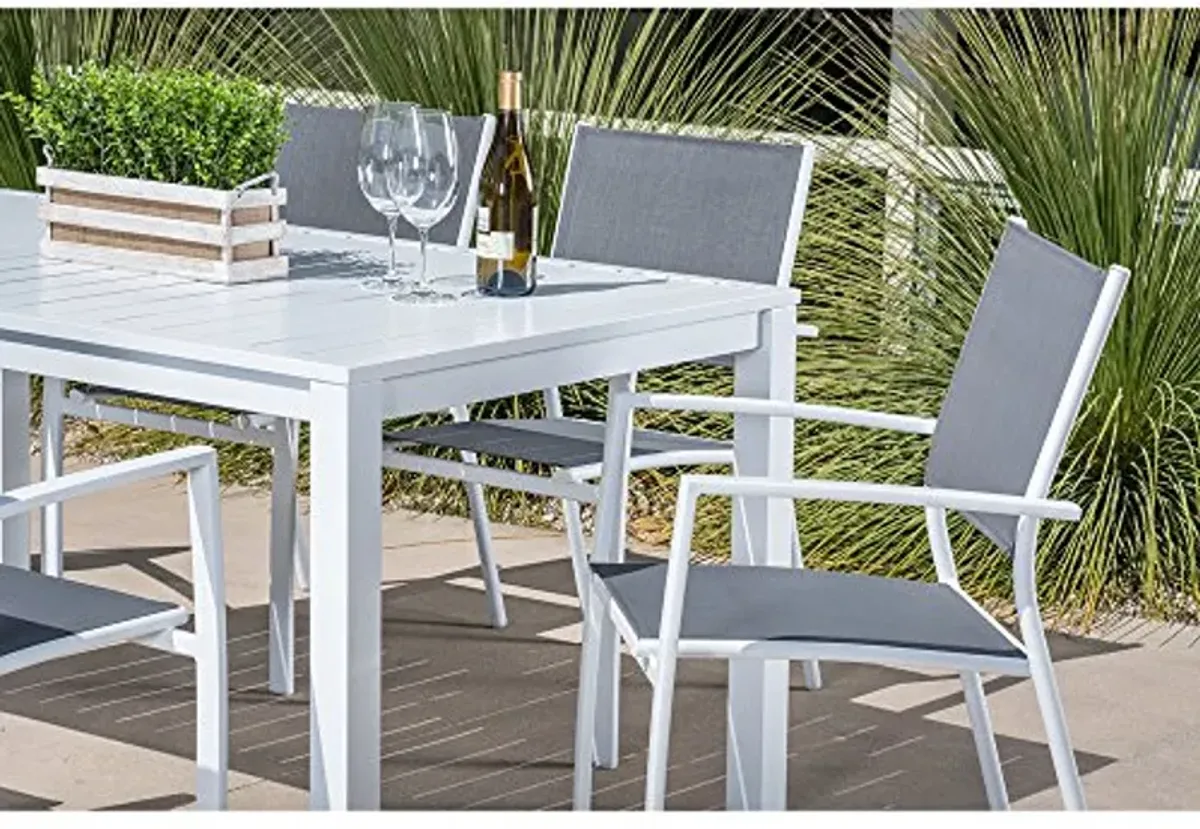 Hanover Del Mar 7-Piece Outdoor Dining Set, Patio Dining Set for 6 with Durable Sling Chairs in Gray/White and a 63" x 35" Aluminum Slat-top Dining Table, All-Weather, Rust Resistant