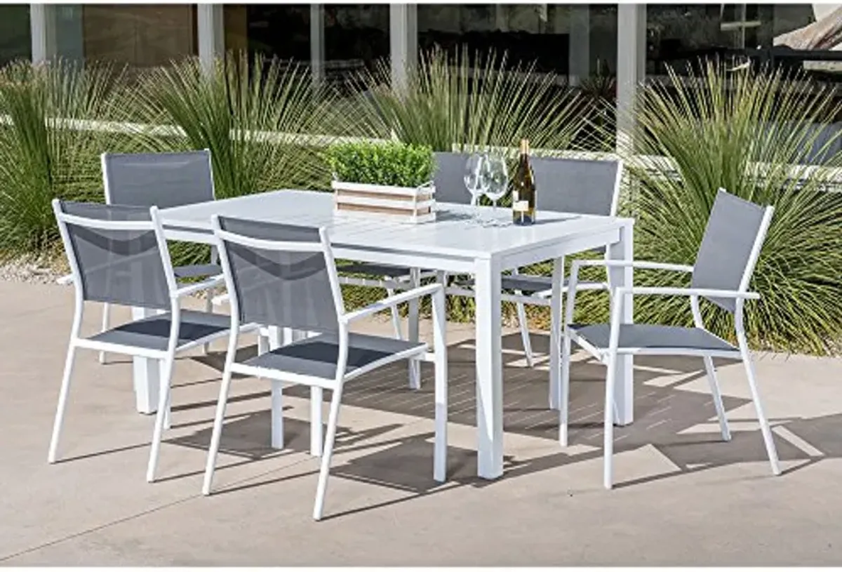 Hanover Del Mar 7-Piece Outdoor Dining Set, Patio Dining Set for 6 with Durable Sling Chairs in Gray/White and a 63" x 35" Aluminum Slat-top Dining Table, All-Weather, Rust Resistant