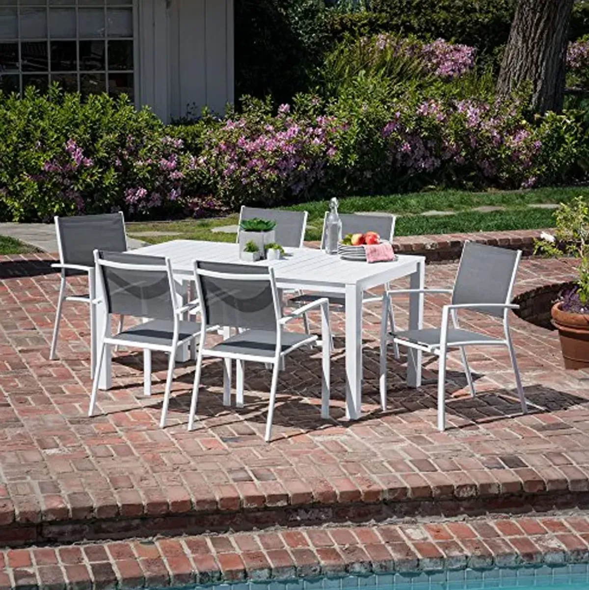 Hanover Del Mar 7-Piece Outdoor Dining Set, Patio Dining Set for 6 with Durable Sling Chairs in Gray/White and a 63" x 35" Aluminum Slat-top Dining Table, All-Weather, Rust Resistant