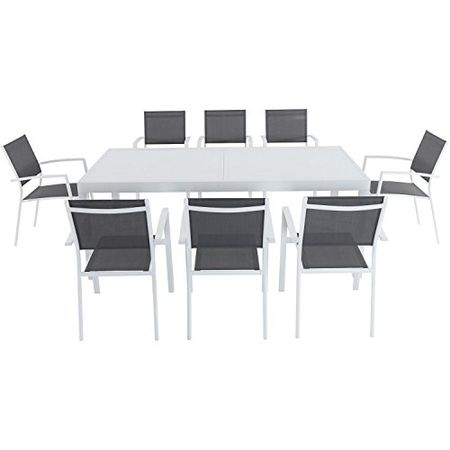 Hanover 9 Piece Del Mar Set with 8 Sling Chairs and a 40" x 118" Expandable Dining Table, Gray Outdoor Furniture