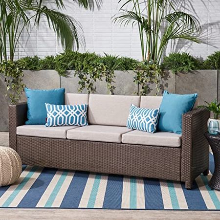 Christopher Knight Home Puerta Outdoor Wicker 3-Seater Sofa, Brown / Ceramic Grey Cushion