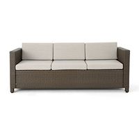 Christopher Knight Home Puerta Outdoor Wicker 3-Seater Sofa, Brown / Ceramic Grey Cushion