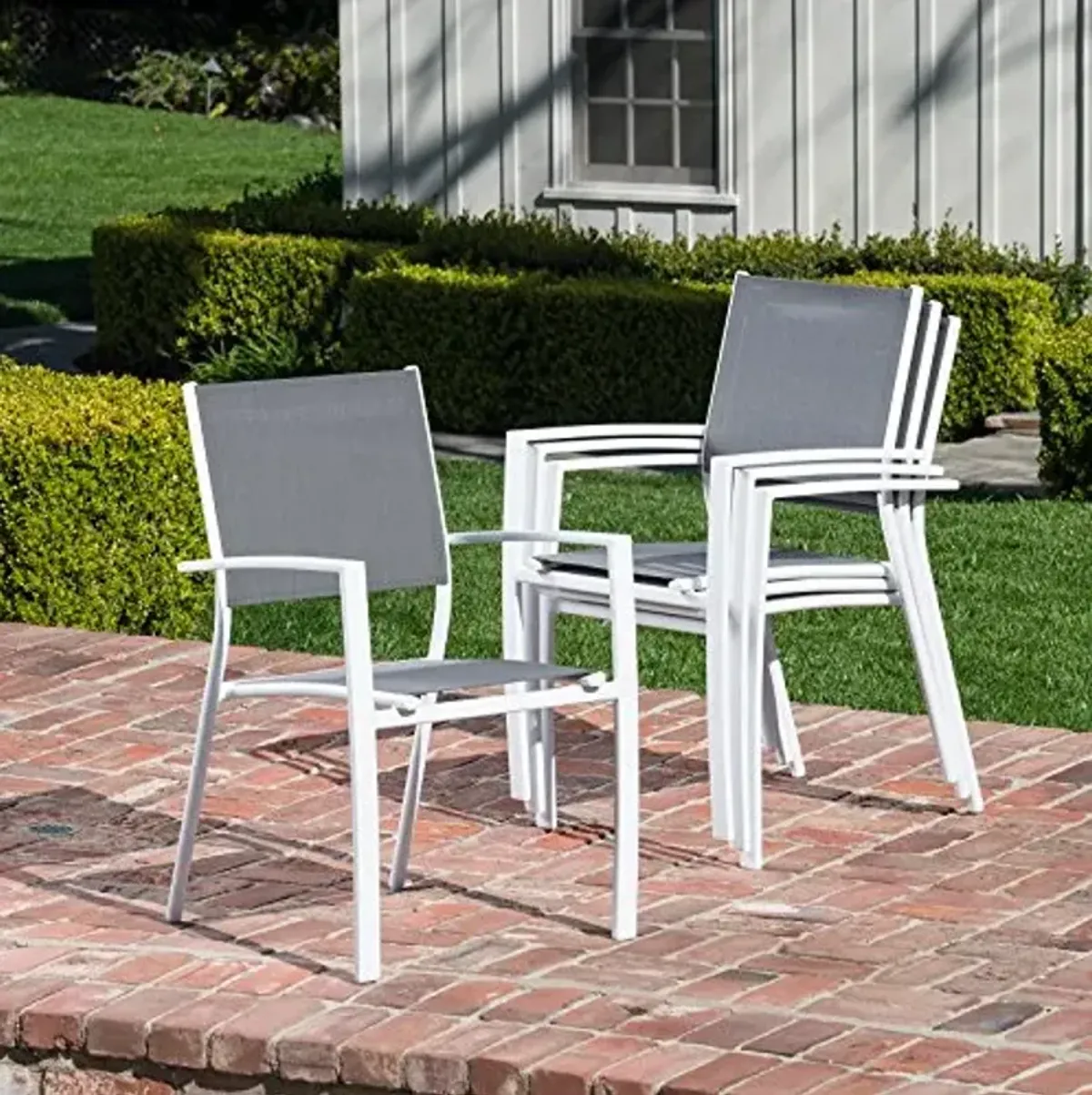 Hanover Naples 7-Piece Outdoor Dining Set with 40" x 118" Expanding Patio Table and 6 Stackable Sling Chairs, Modern, Comfortable, and Weather-Resistant Aluminum Patio Dining Set for Porch, Backyard
