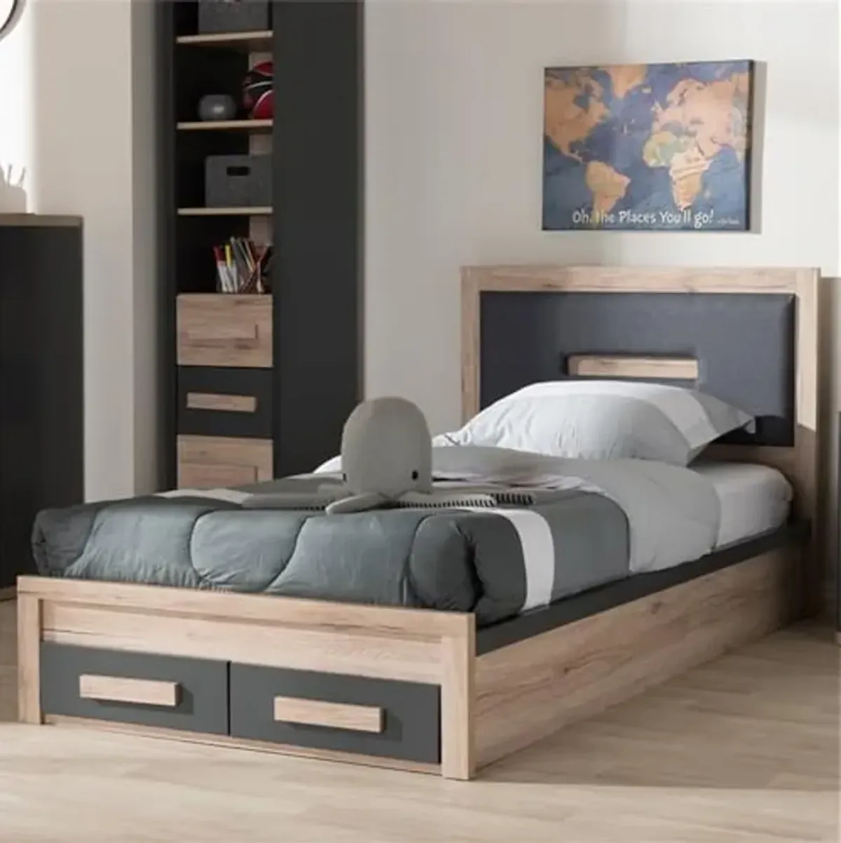 Baxton Studio Pandora Twin Storage Platform Bed in Gray and Oak Brown