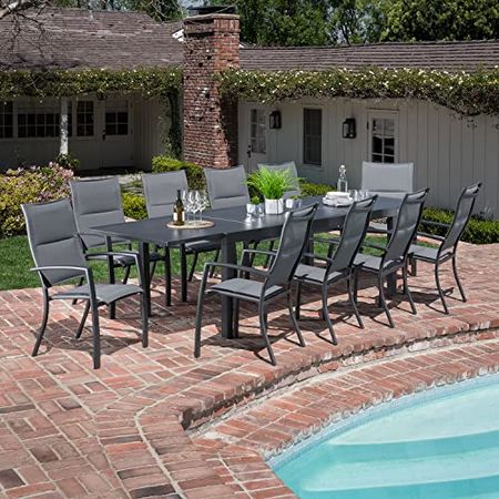 Hanover Naples 11-Piece Outdoor Dining Set | Aluminum 40" x 118" Expanding Patio Table with 10 High-Back Stackable Sling Chairs | Modern, Comfortable, and Weather-Resistant | NAPDN11PCHB-GRY