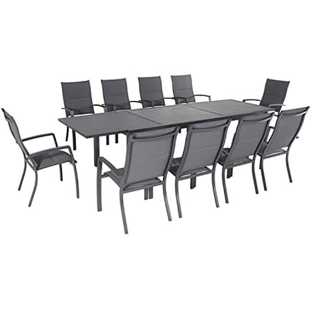Hanover Naples 11-Piece Outdoor Dining Set | Aluminum 40" x 118" Expanding Patio Table with 10 High-Back Stackable Sling Chairs | Modern, Comfortable, and Weather-Resistant | NAPDN11PCHB-GRY