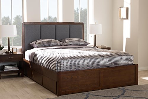 Baxton Studio Troyes Modern and Contemporary Upholstered Storage Platform Bed, King, Grey/Walnut Brown