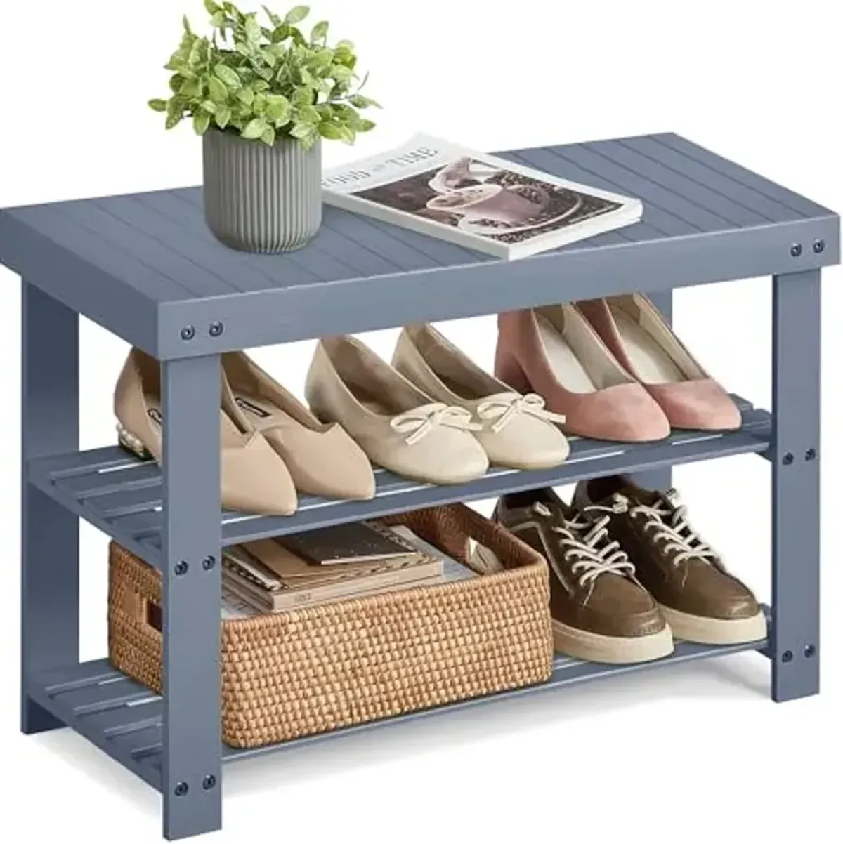 SONGMICS Shoe Rack Bench, 3-Tier Bamboo Shoe Storage Organizer, Entryway Bench, Holds Up to 286 lb, 11.3 x 27.6 x 17.8 Inches, for Entryway Bathroom Bedroom, Grey ULBS04GY