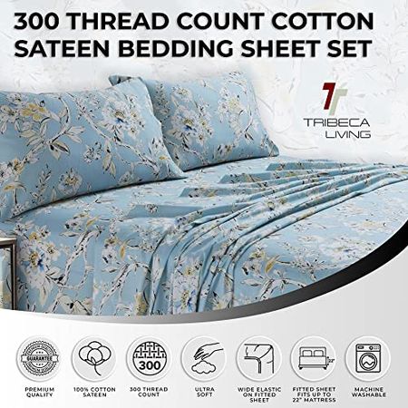 Tribeca Living Twin Bed Sheet Set, Soft Cotton Sateen Printed Sheets Floral Print, Extra Deep Pocket, 300 Thread Count, 3-Piece Bedding Sets, Colmar Sky Blue/Multi, (COLM4PSSTWSK)