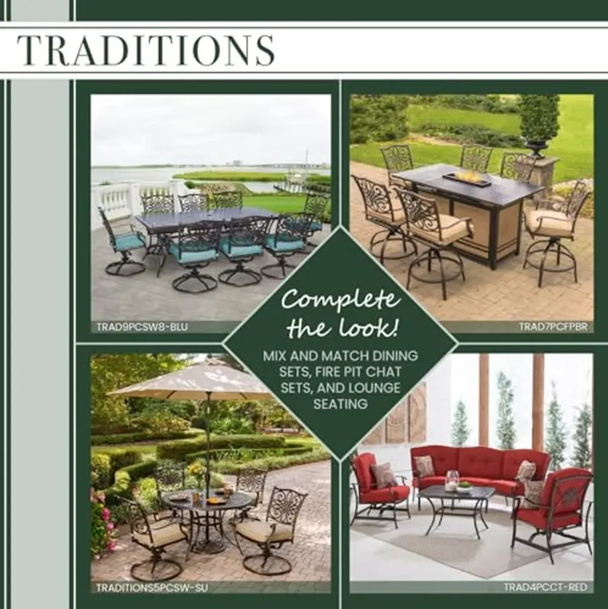 Hanover Traditions 5-Piece High-Dining Patio Set with Fire Pit with 4 Counter-Height Swivel Chairs, Tan Cushions, and a Round 40,000 BTU Cast-top Fire Pit Table, Durable All-Weather Fire Pit Patio Set