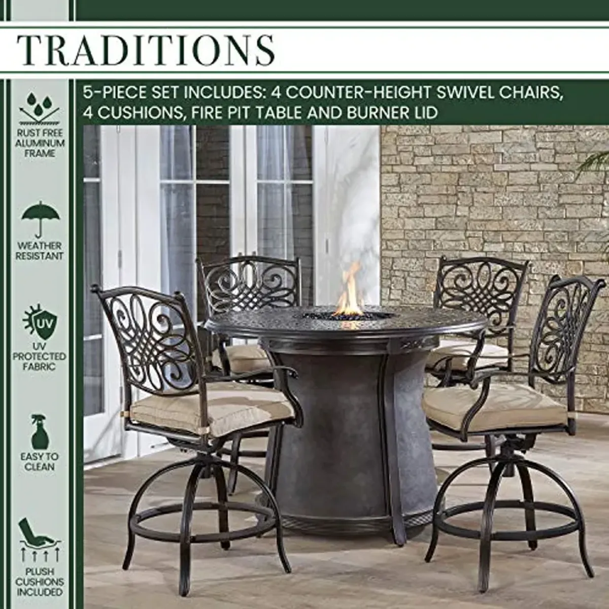 Hanover Traditions 5-Piece High-Dining Patio Set with Fire Pit with 4 Counter-Height Swivel Chairs, Tan Cushions, and a Round 40,000 BTU Cast-top Fire Pit Table, Durable All-Weather Fire Pit Patio Set