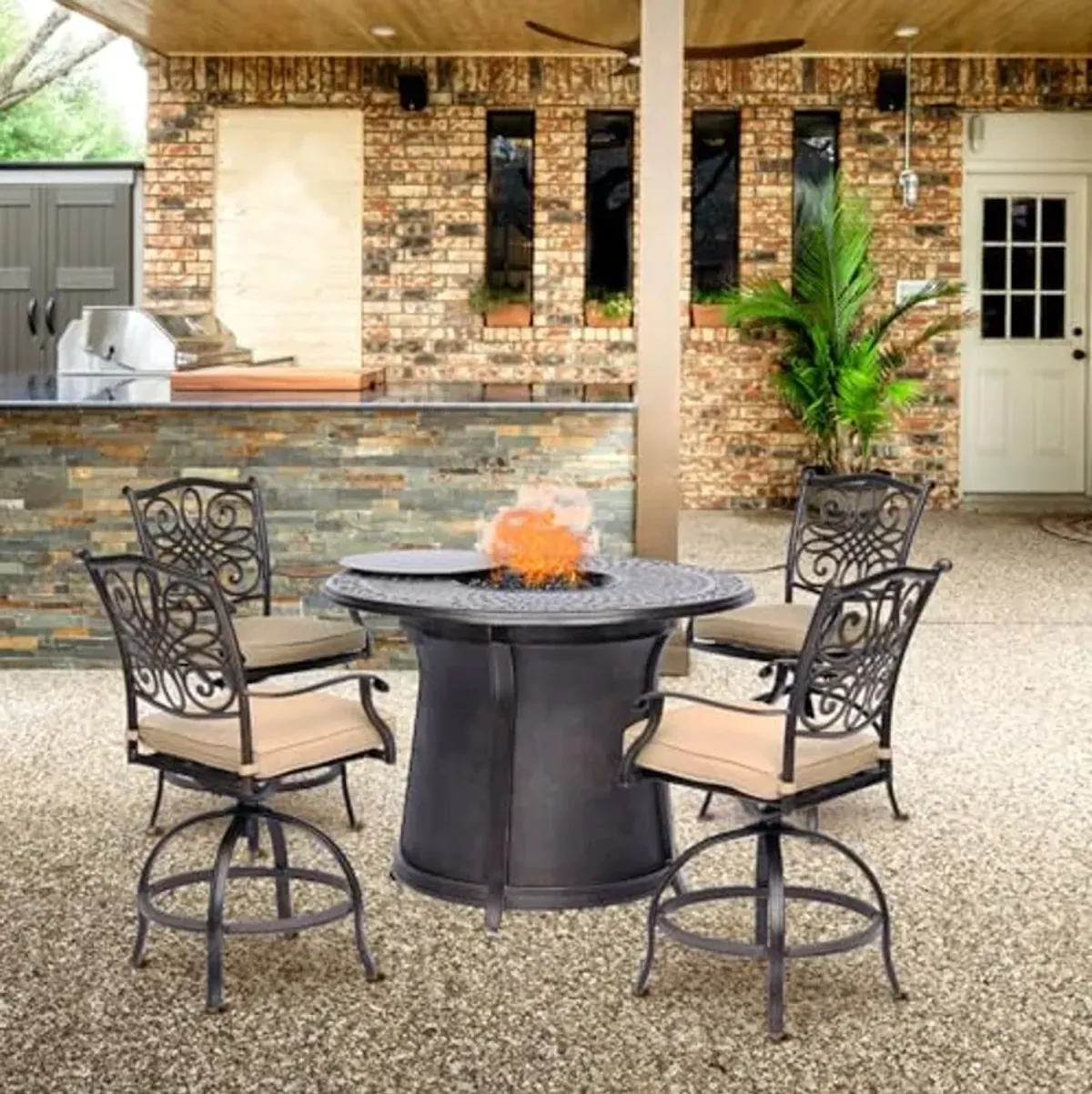 Hanover Traditions 5-Piece High-Dining Patio Set with Fire Pit with 4 Counter-Height Swivel Chairs, Tan Cushions, and a Round 40,000 BTU Cast-top Fire Pit Table, Durable All-Weather Fire Pit Patio Set