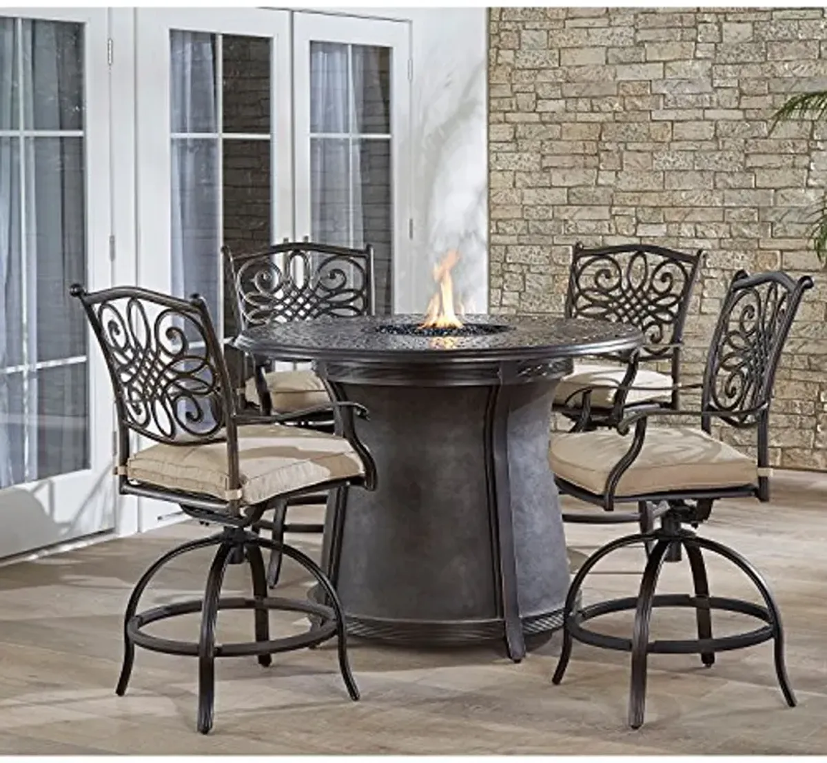 Hanover Traditions 5-Piece High-Dining Patio Set with Fire Pit with 4 Counter-Height Swivel Chairs, Tan Cushions, and a Round 40,000 BTU Cast-top Fire Pit Table, Durable All-Weather Fire Pit Patio Set