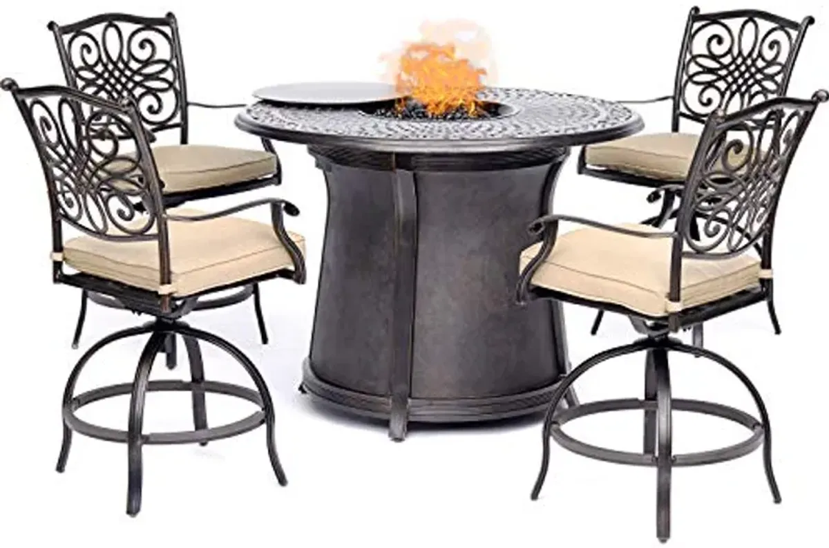 Hanover Traditions 5-Piece High-Dining Patio Set with Fire Pit with 4 Counter-Height Swivel Chairs, Tan Cushions, and a Round 40,000 BTU Cast-top Fire Pit Table, Durable All-Weather Fire Pit Patio Set