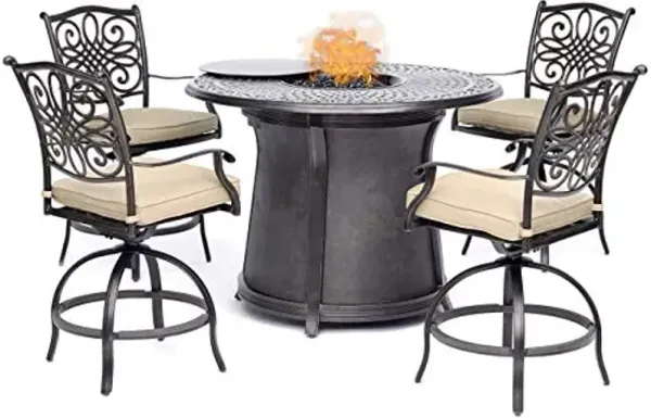 Hanover Traditions 5-Piece High-Dining Patio Set with Fire Pit with 4 Counter-Height Swivel Chairs, Tan Cushions, and a Round 40,000 BTU Cast-top Fire Pit Table, Durable All-Weather Fire Pit Patio Set