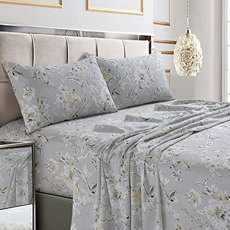 Tribeca Living Twin Bed Sheet Set, Soft Cotton Sateen Printed Sheets Floral Print, Extra Deep Pocket, 300 Thread Count, 3-Piece Bedding Sets, Silver Grey/Multi, (COLM4PSSTWSG)