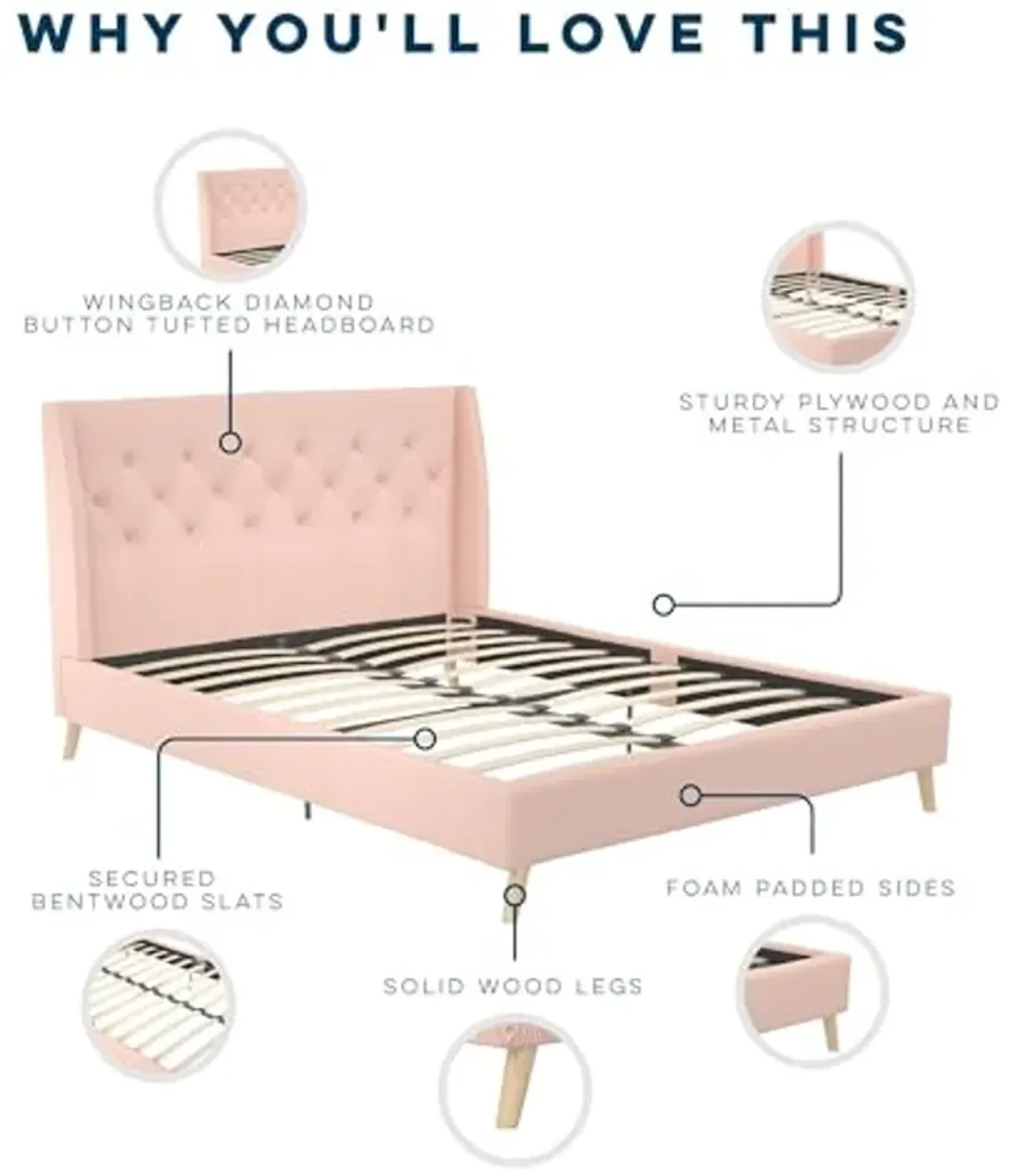 Novogratz Her Majesty Tufted Upholstered Bed Frame, Full, Pink Linen