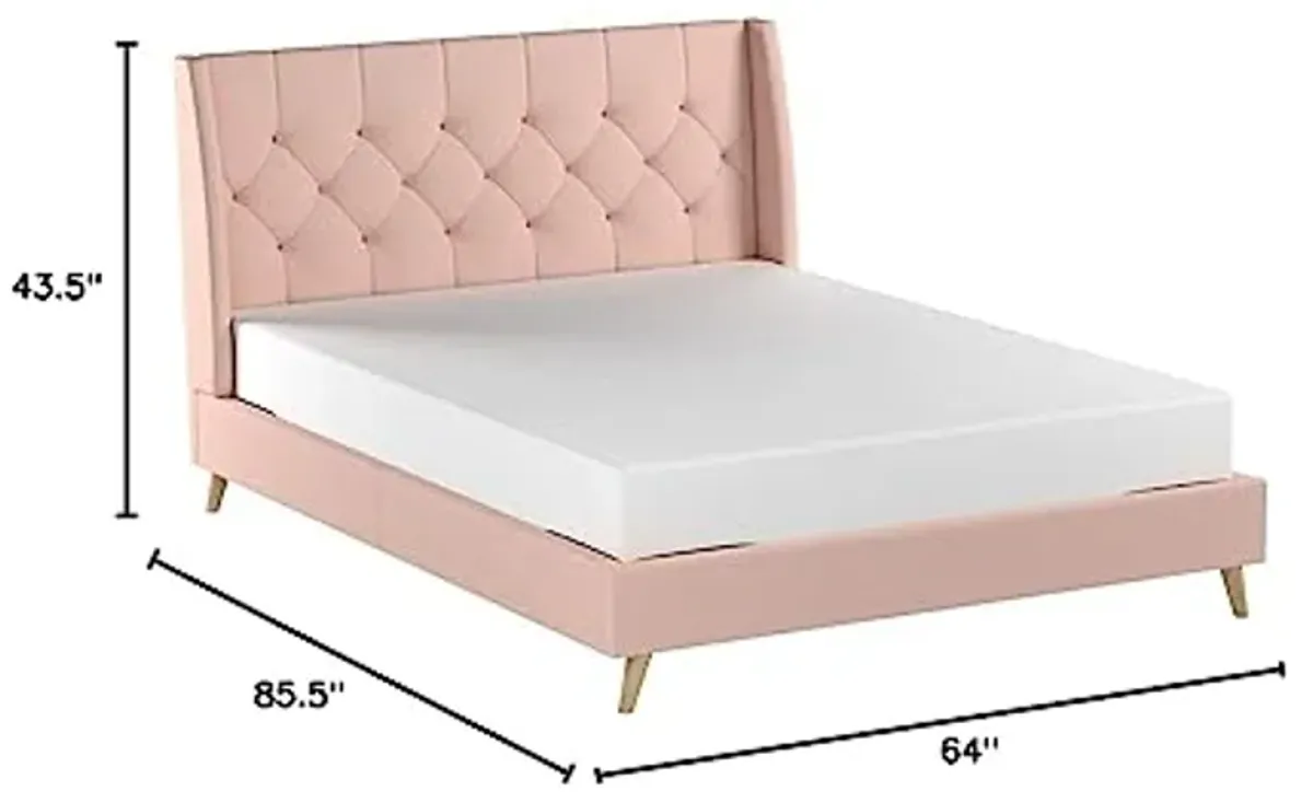 Novogratz Her Majesty Upholstered Linen Bed, Tufted Wingback Design and Wooden Legs, Queen Size - Pink Linen Pink Linen Queen