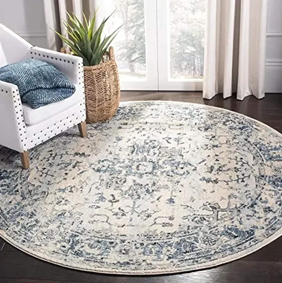 SAFAVIEH Charleston Collection 6'7" Round Ivory / Navy CHL411A Oriental Distressed Non-Shedding Dining Room Entryway Foyer Living Room Bedroom Area Rug