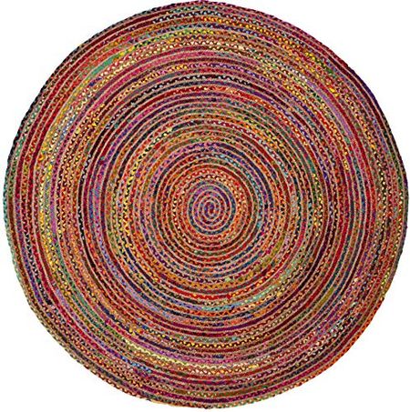 SAFAVIEH Cape Cod Collection 8' Round Red / Multi CAP202A Handmade Boho Braided Jute & Cotton Area Rug