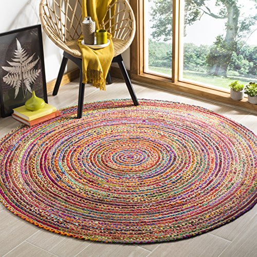 SAFAVIEH Cape Cod Collection 8' Round Red / Multi CAP202A Handmade Boho Braided Jute & Cotton Area Rug