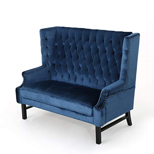 Christopher Knight Home Nolie High Back Tufted Winged Velvet Loveseat, Cobalt / Dark Brown