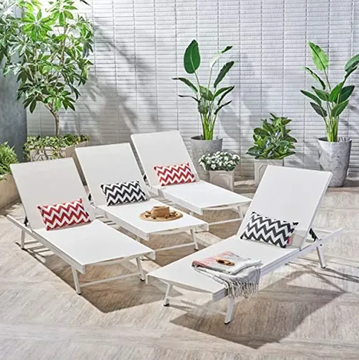 Christopher Knight Home Salton Outdoor Aluminum and Mesh Chaise Lounge Set, 4-Pcs Set, White / White