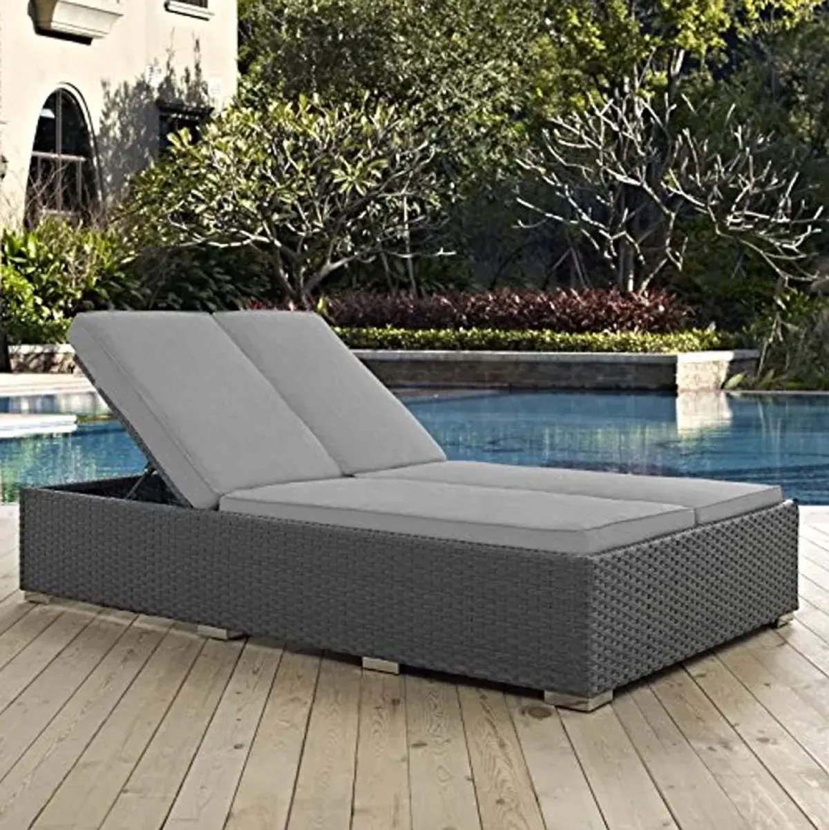 Modway Sojourn Wicker Rattan Outdoor Patio Sunbrella Fabric Double Chaise in Chocolate Gray