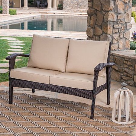 Christopher Knight Home Honolulu Outdoor Wicker Loveseat with Water Resistant Cushions, Brown / Tan Cushion