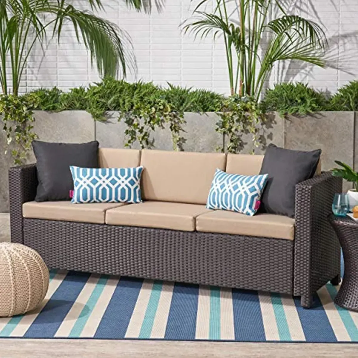 Christopher Knight Home Puerta Outdoor Wicker 3-Seater Sofa, Dark Brown / Beige Cushion